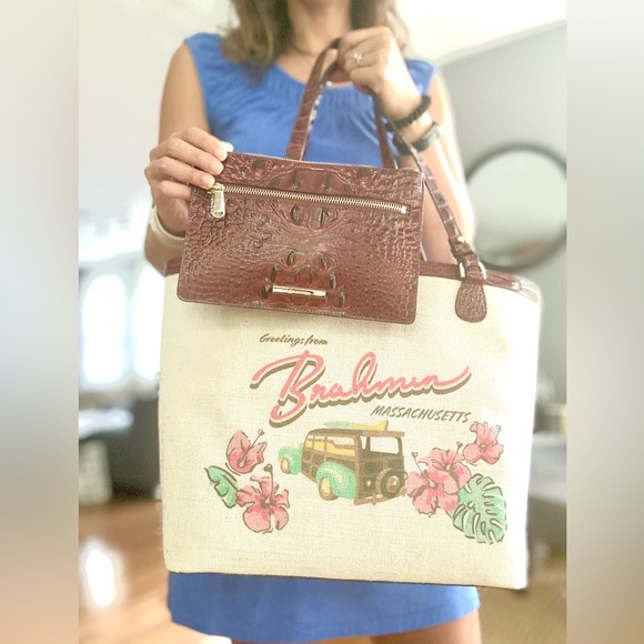 NWT Brahmin Pecan Pipa Leather and canvas Tote Bag and wristlet - Picture 4 of 14